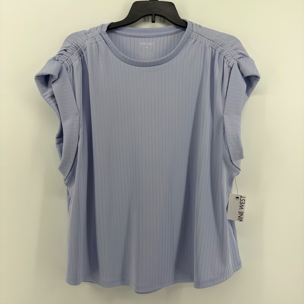 Nine West Womens 2X Periwinkle Ribbed Pleated Cap Sleeve Knit Top New With Tags